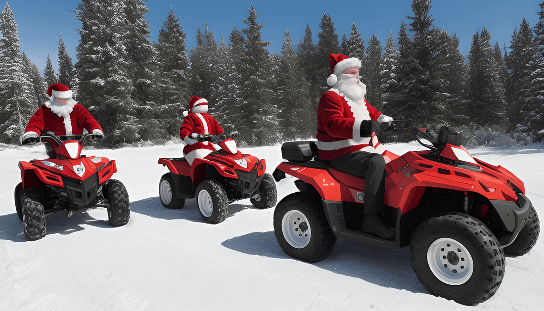 Santas riding red ATVs on snowy trail with pine trees in the background