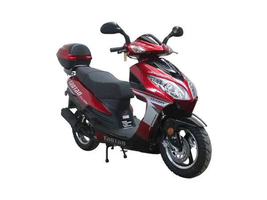Red Taotao scooter with rear storage box, street tires, and modern body design