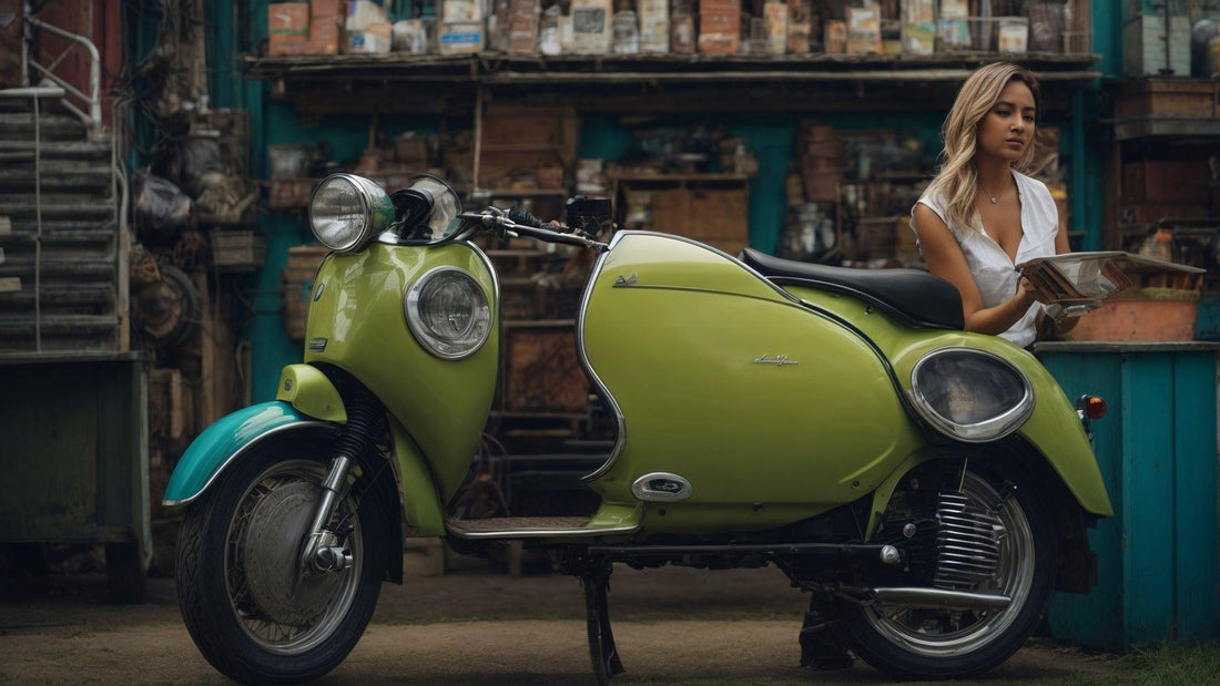 Retro green scooter parked in front of repair shop, woman holding tray beside it