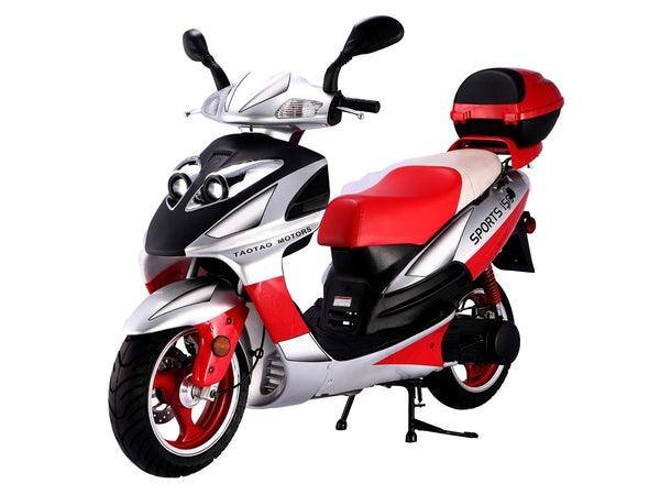 Red and white motor scooter with storage box, sports styling, and kickstand on white background