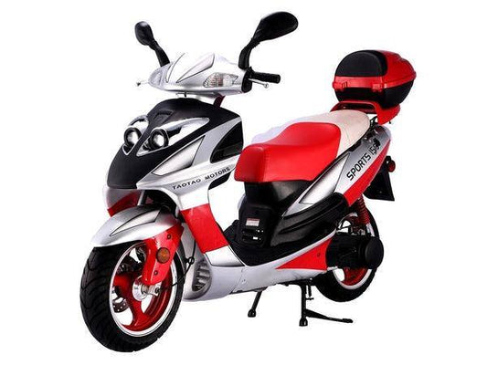 Red and white motor scooter with storage box, sports styling, and kickstand on white background