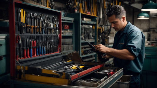 Mechanic organizing tools in workshop toolbox, maintenance and repair efficiency concept