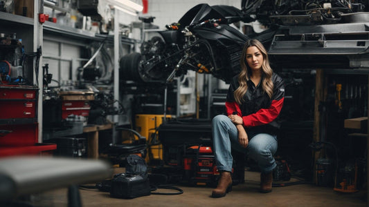 Female mechanic in a repair shop with ATV in background, surrounded by tools and equipment