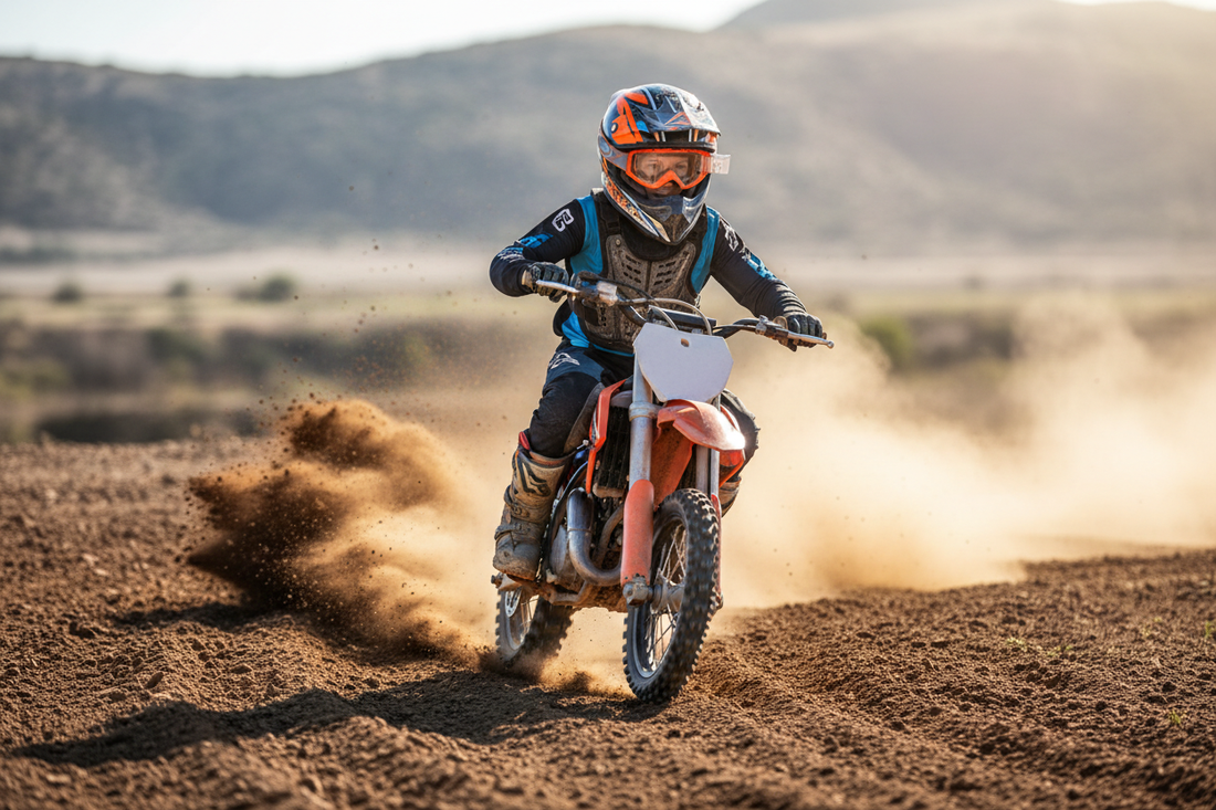 Young kid riding a dirt bike on a dirt track, wearing full protective motocross gear