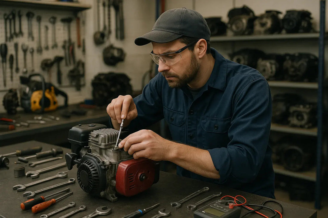 Mechanic repairing a small engine with hand tools in a workshop setting