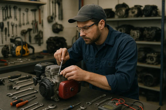 Mechanic repairing a small engine with hand tools in a workshop setting