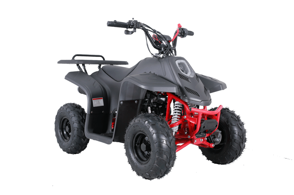 Kids 4-wheeler ATV with black and red frame, off-road tires, and cargo rack