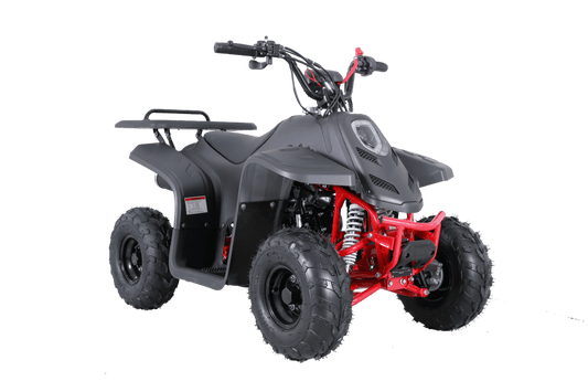 Kids 4-wheeler ATV with black and red frame, off-road tires, and cargo rack