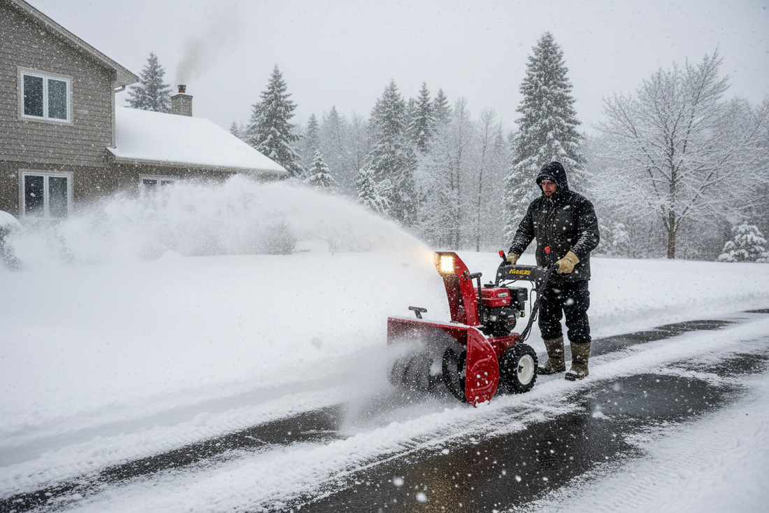 Man using a red snow blower to clear driveway in heavy winter snow near a house