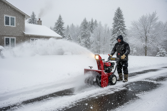 Man using a red snow blower to clear driveway in heavy winter snow near a house