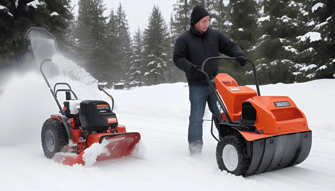 Person using orange snow blower to clear snow in a snowy outdoor area with trees
