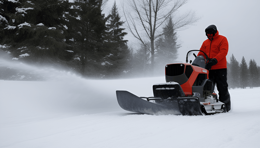 Person using a snow blower to clear snow outdoors near pine trees in winter