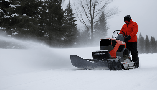 Person using a snow blower to clear snow outdoors near pine trees in winter