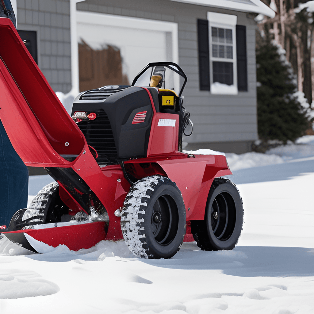 Red snowblower clearing driveway after snowfall in front of a house