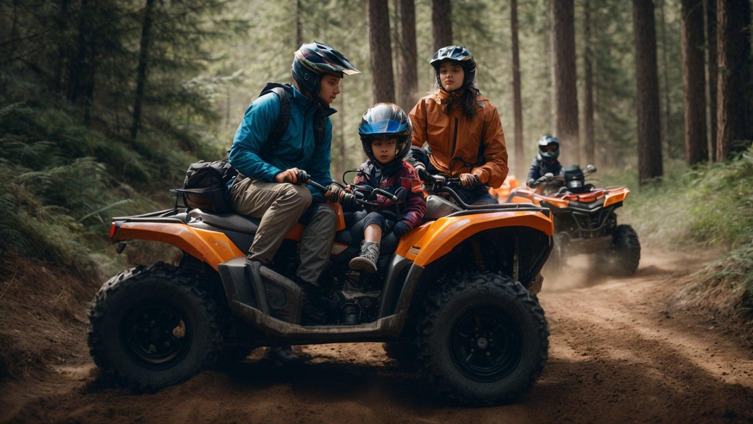 Family riding orange ATVs on a forest trail, all wearing helmets, kids and adults enjoying off-road adventure