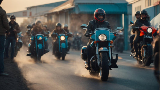 Group of riders on blue motorcycles and scooters driving on a road in the sunlight