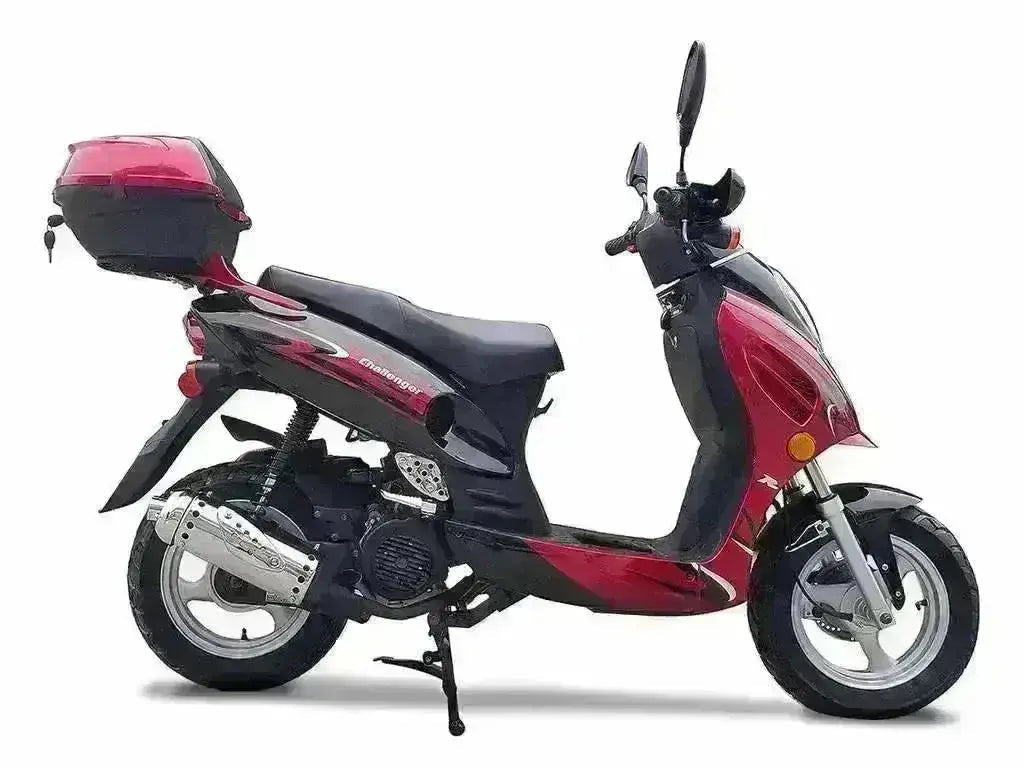 Red and black 150cc street-legal scooter with rear cargo box, side profile view.