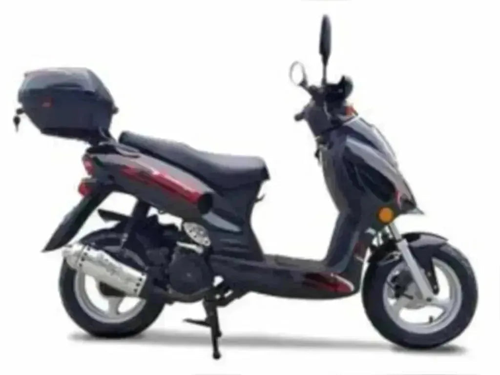 Black 150cc street-legal scooter with top box and alloy wheels on white background