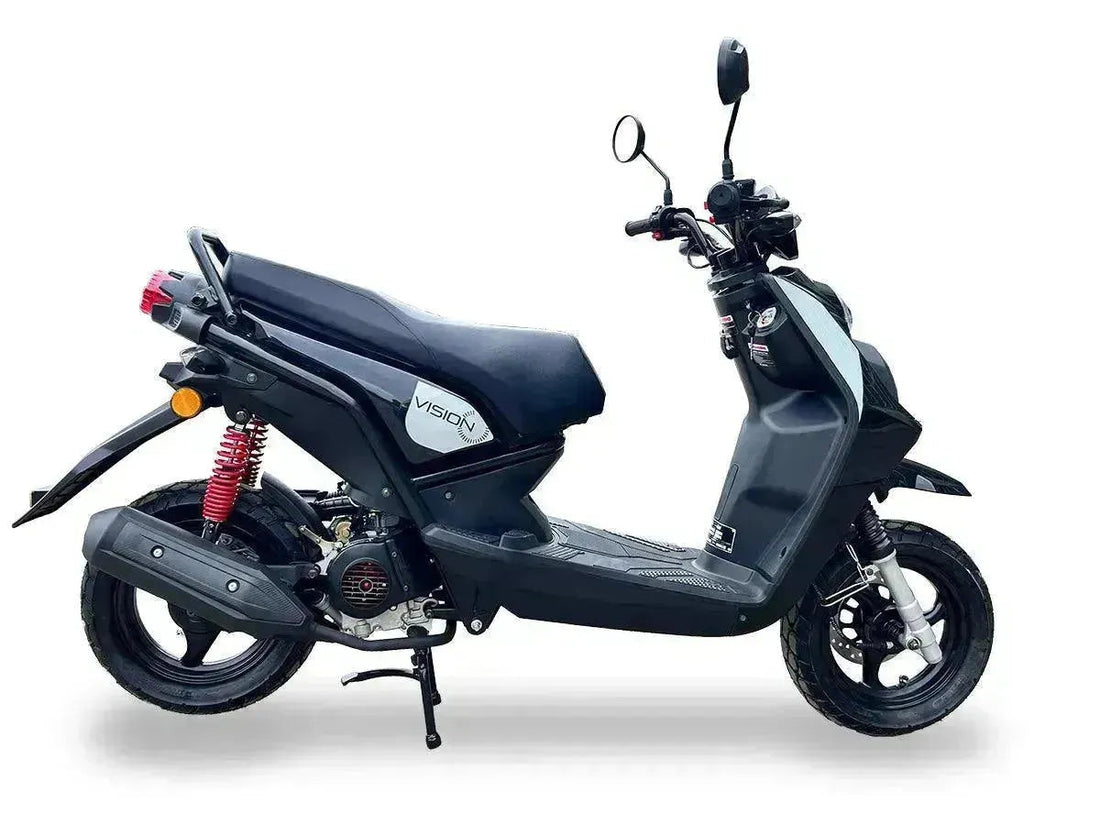 Black Vision 50cc street legal scooter with red rear suspension and mirrors, side view