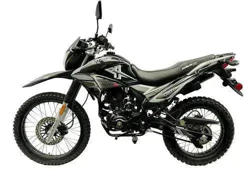 Black RPS Hawk X 250cc street-legal motorcycle, off-road tires, side view, white background