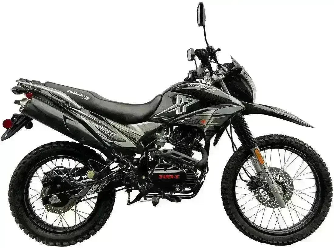 Black RPS Hawk X 250cc dual sport motorcycle with off-road tires and side view