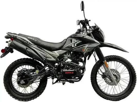 Black Hawk X 250cc street legal dirt bike with knobby tires and dual-sport design