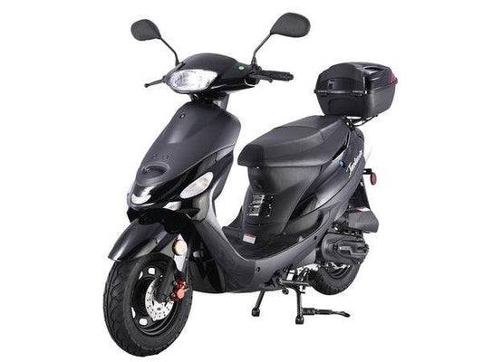 Black 50cc gas-powered scooter with rear storage trunk and fuel-efficient design