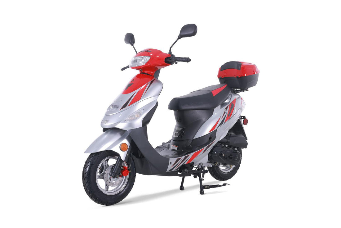 Red and silver 50cc street-legal motor scooter with storage box on white background
