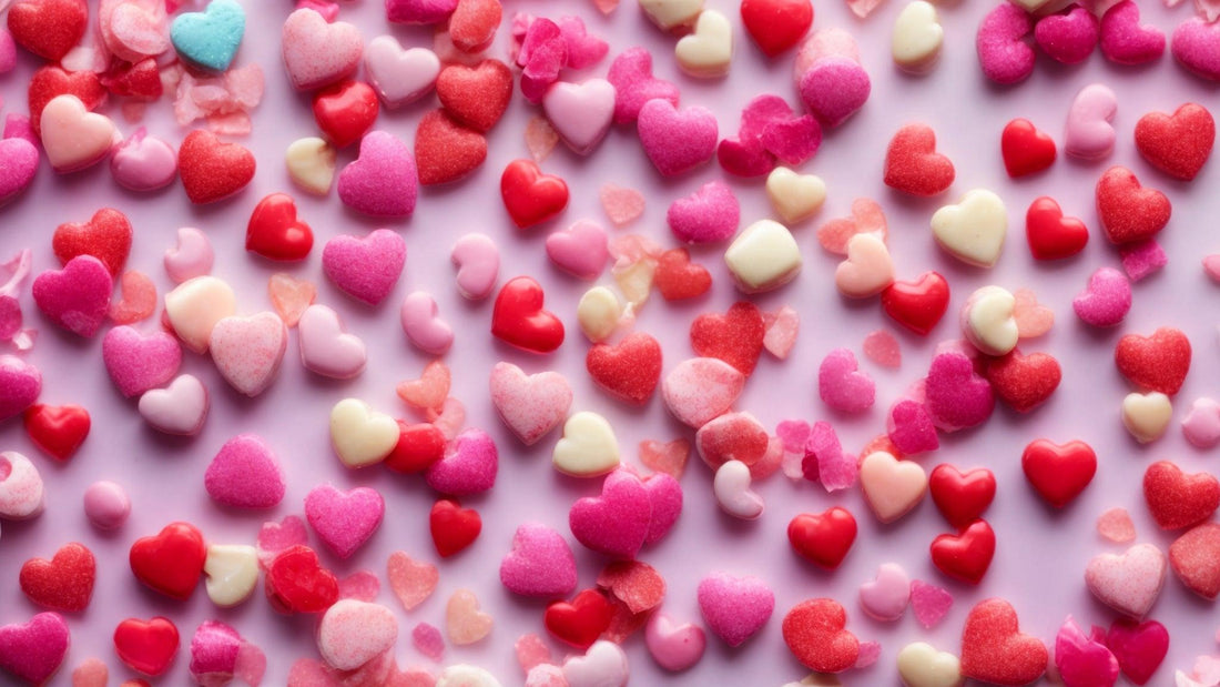 Scattered red, pink, and white heart-shaped candies on a pastel pink background