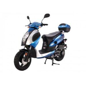 Blue and white 150cc motor scooter with rear storage box, eco-friendly commuter vehicle