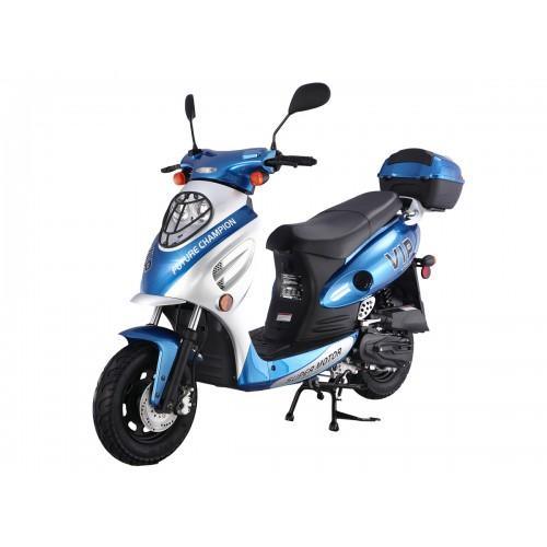 Blue and white Tao Motor VIP 50cc scooter with rear storage, side view on white background