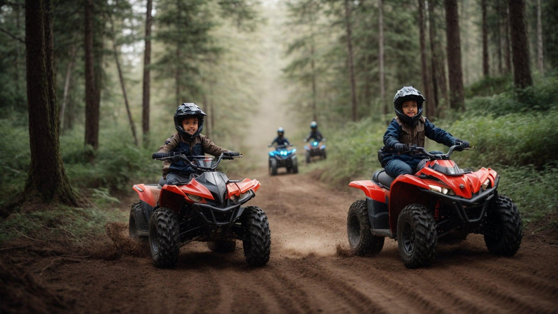 Kids riding red ATVs on a dirt trail in a forest, wearing helmets, all-terrain vehicles for sale