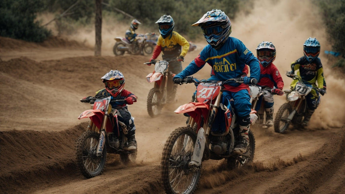 Kids riding dirt bikes on a dusty off-road track wearing helmets and colorful protective gear