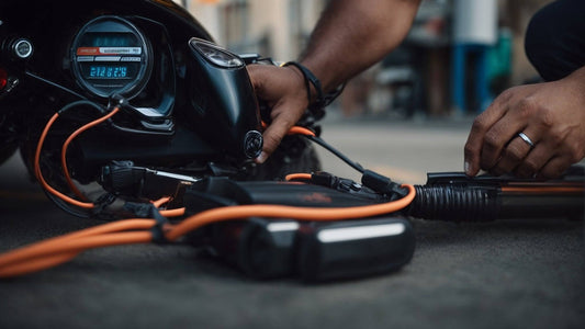 Person connecting battery charger to ATV with orange cables outdoors
