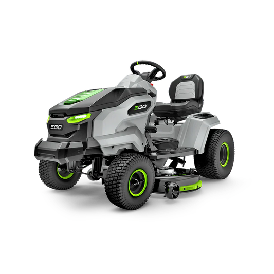 Battery-powered lawn tractor with modern design, LED headlights, and large rugged tires