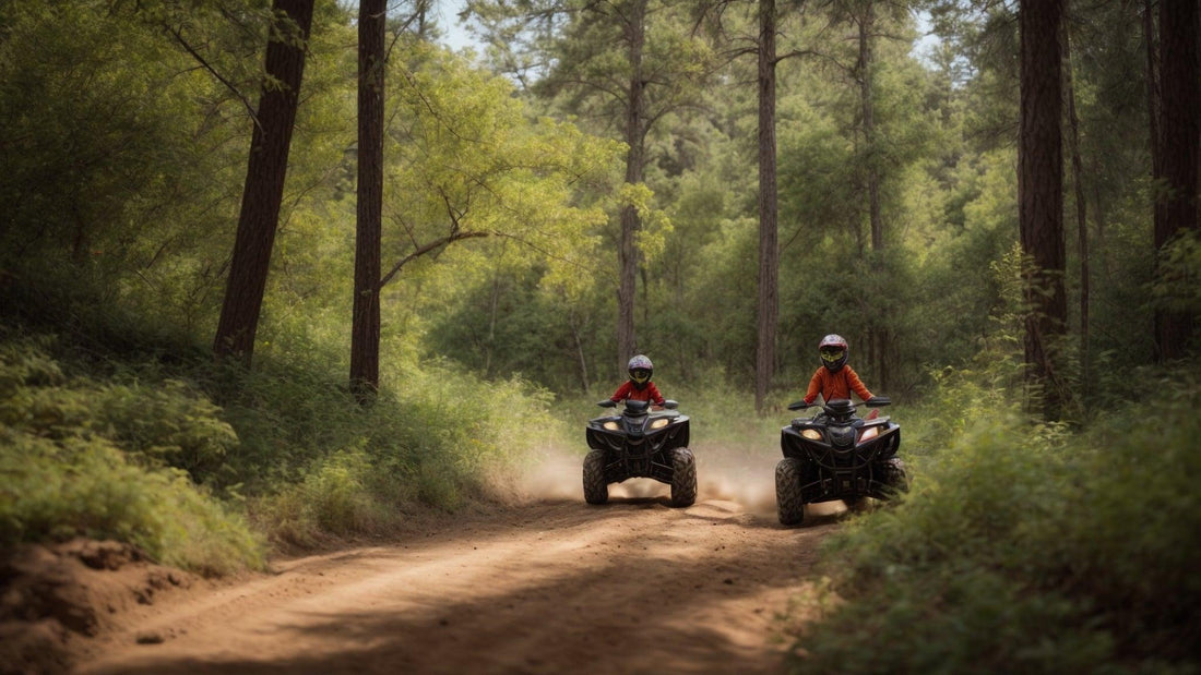 Kids riding ATVs on a dirt trail through a green forest, wearing helmets for safety