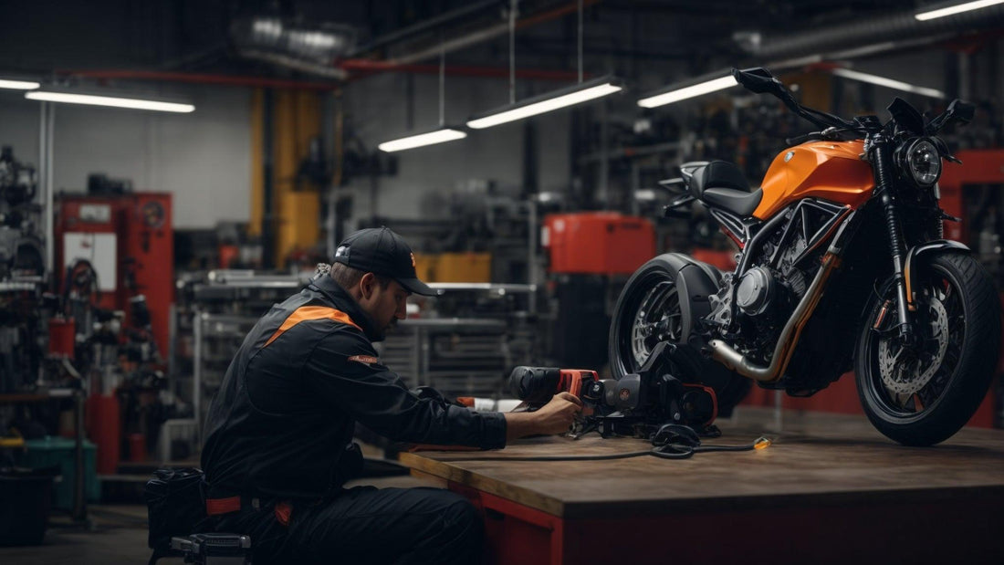Technician in repair shop providing tech support for orange motorcycle