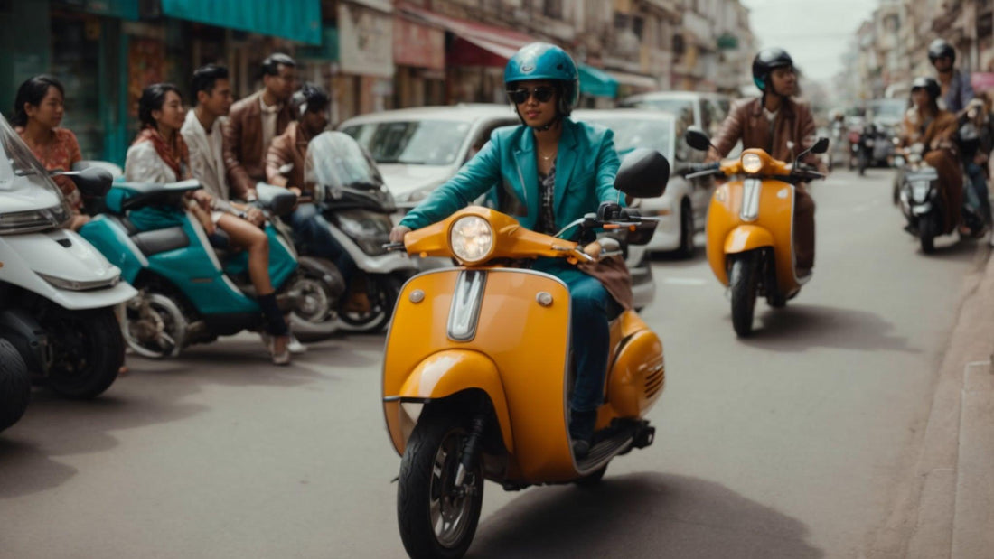Two riders wearing helmets on yellow 50cc scooters riding through a busy urban street with parked motorcycles and pedestrians