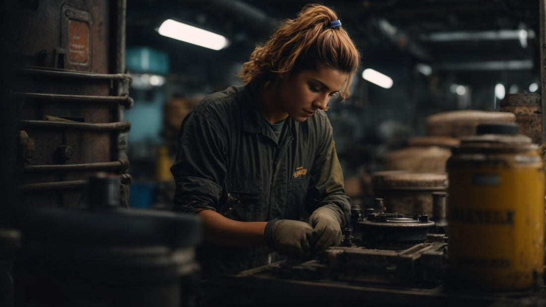 Powersports technician in a workshop repairing ATV parts with focus and gloves on