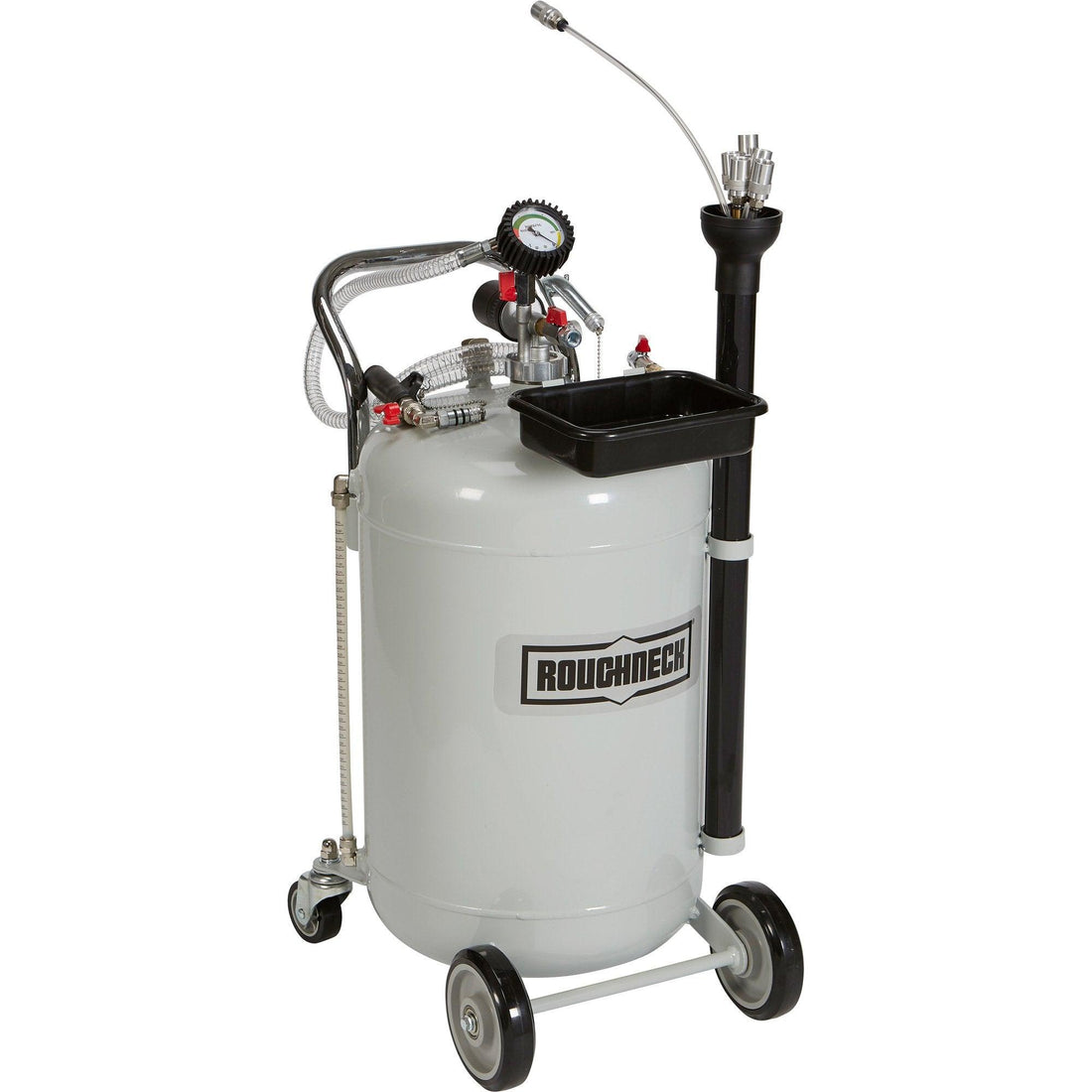 Oil vacuum pump extractor tank with wheels, hoses, pressure gauge, and extraction nozzle