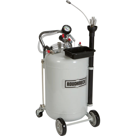 Oil vacuum pump extractor tank with wheels, hoses, pressure gauge, and extraction nozzle