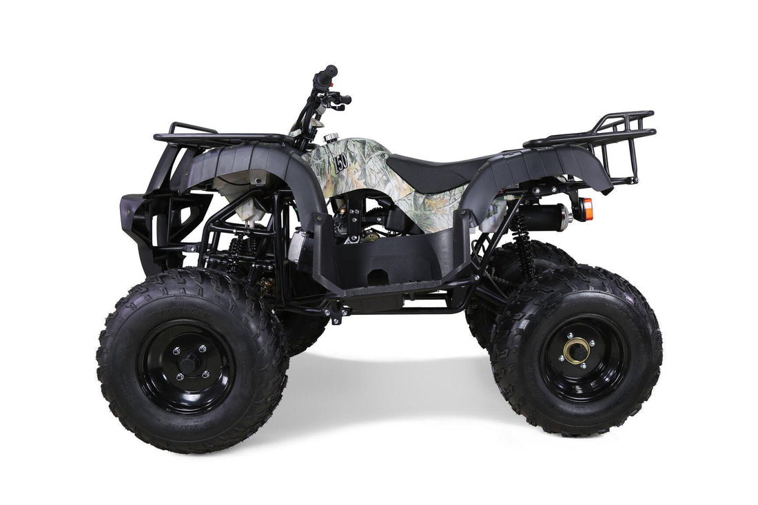 150cc youth ATV with camouflage design, rugged tires, black frame, and rear cargo rack
