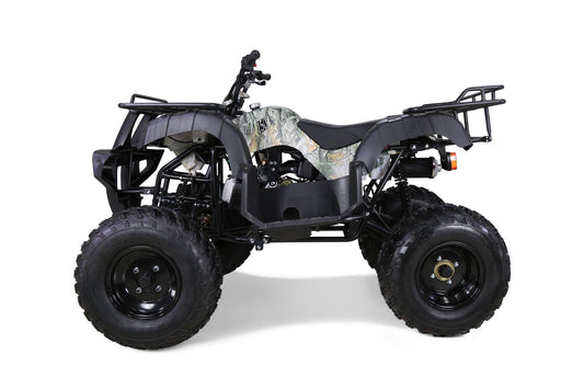 150cc youth ATV with camouflage design, rugged tires, black frame, and rear cargo rack
