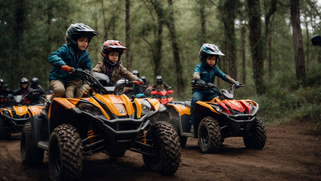 Kids riding youth ATVs on a forest trail, wearing helmets and outdoor gear