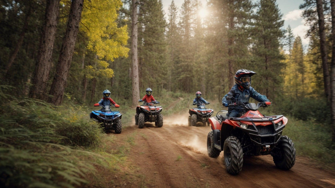 Kids riding ATVs on a dirt trail in a scenic forest, wearing helmets and safety gear