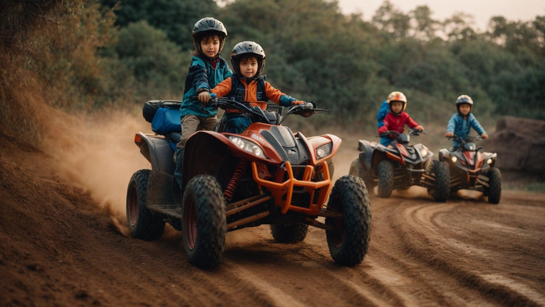 Kids riding gas-powered 4 wheelers on a dirt trail, wearing helmets outdoors