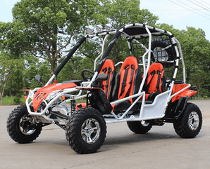 Four-seater gas-powered kids go-kart with orange seats parked outdoors on pavement