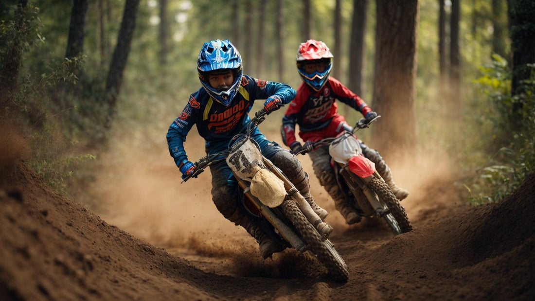 Two kids riding gas-powered youth dirt bikes on a dirt trail in a forest, kicking up dust