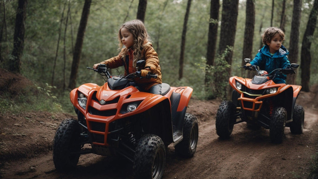 Kids riding orange youth ATVs on a dirt trail in the forest