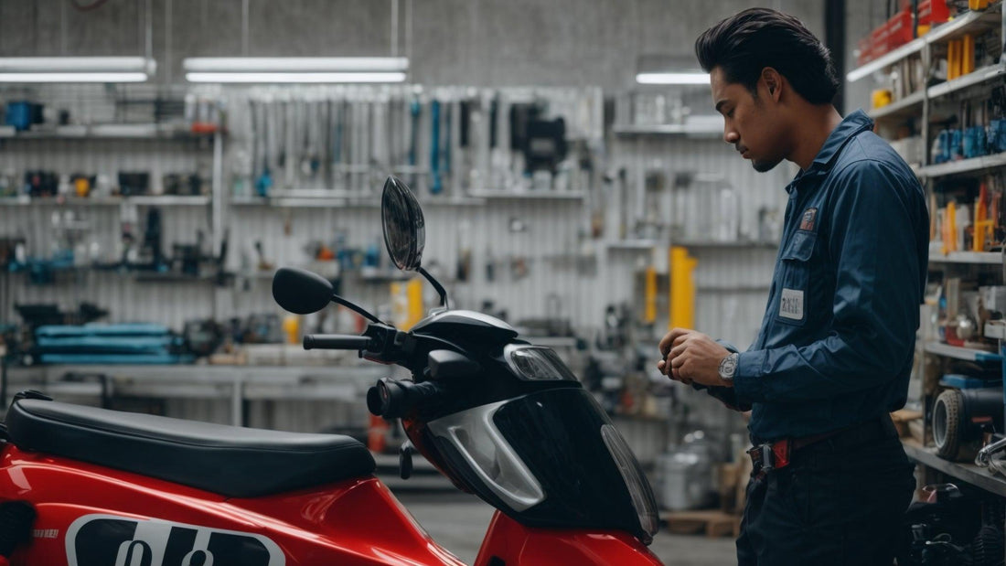 Technician repairing red scooter in a moped repair shop with tools on shelves